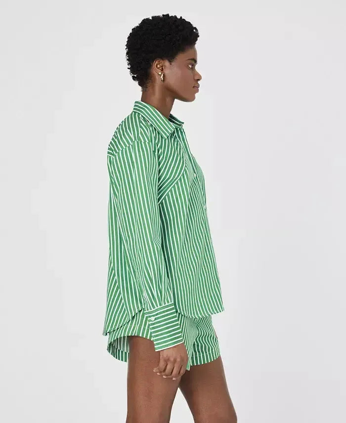 French Connection Alexis Yoke Cotton Shirt- Green/ White-Hand In Pocket