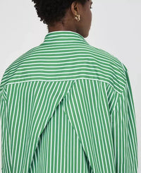 French Connection Alexis Yoke Cotton Shirt- Green/ White-Hand In Pocket