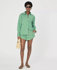 French Connection Alexis Yoke Cotton Shirt- Green/ White-Hand In Pocket