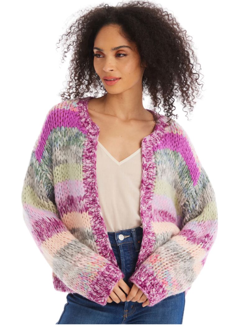 Allison Cropped Jodi Cardigan- Multi Pastel-Hand In Pocket