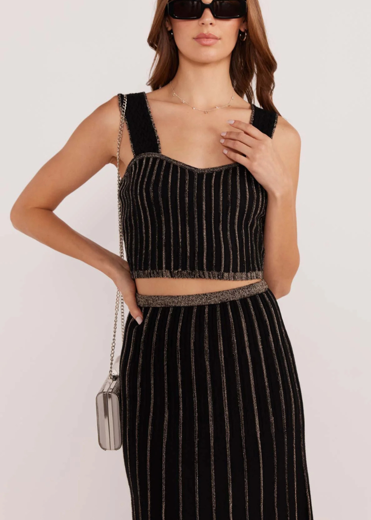 MINKPINK Celia Lurex Stripe Crop Top and skirt Set - Black Champagne-Hand In Pocket