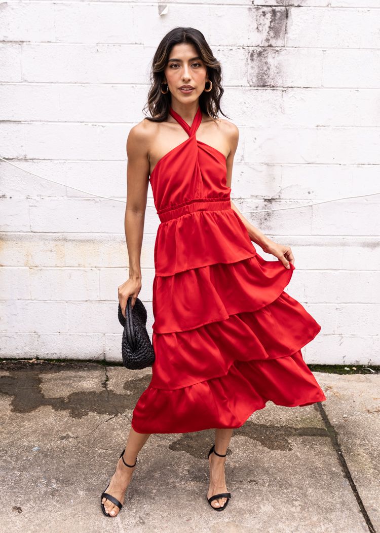 Adelyn Rae Eleanor Halter Tiered Midi Dress- Crimson Red ***FINAL SALE***-Hand In Pocket