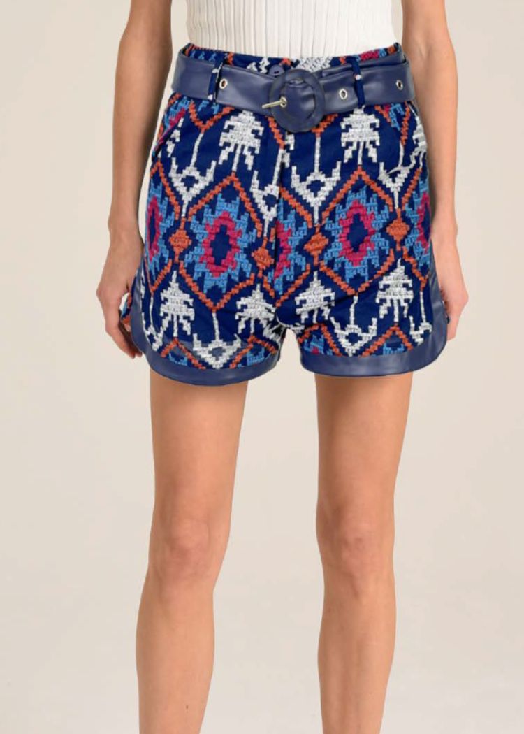 Ciebon Kimberly Embroidered Shorts- Navy-Hand In Pocket