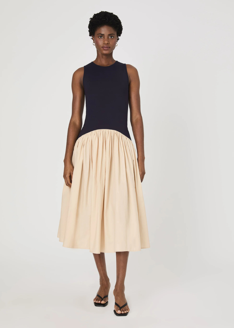 French Connection Kayle Jia Midi Dress- Navy Biscuit-Hand In Pocket