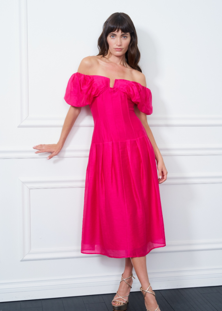 Ciebon Lottie Off Shoulder Midi Dress- Fuchsia-Hand In Pocket