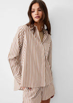 French Connection Thick Stripe Relaxed Popover Shirt- Tobacco Brown-Hand In Pocket