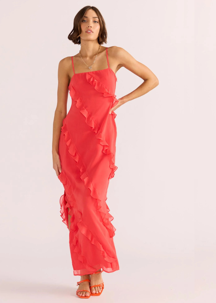 MINKPINK Venus Ruffle Maxi Dress- Lipstick Red-Hand In Pocket