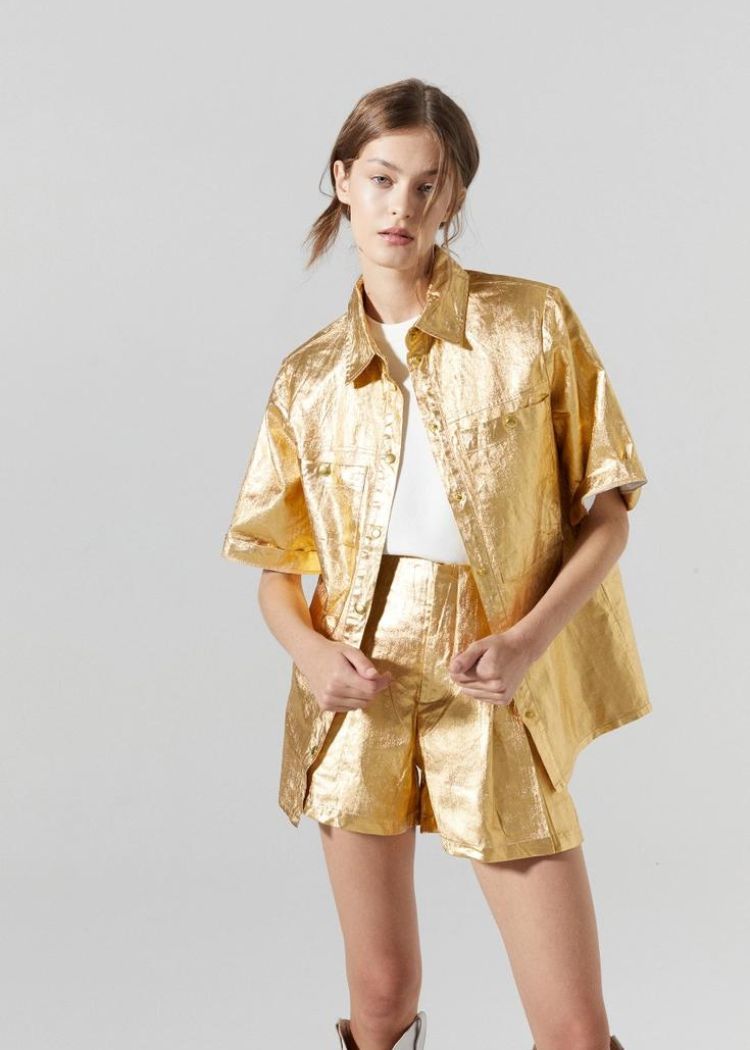 Lanhtropy Frida Metallic Linen Shorts-Hand In Pocket