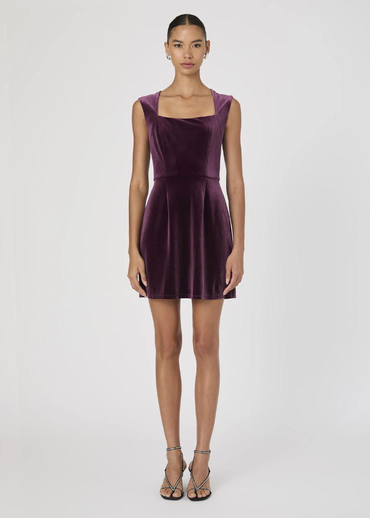 French Connection Square Neck Velvet Dress- Burgandy