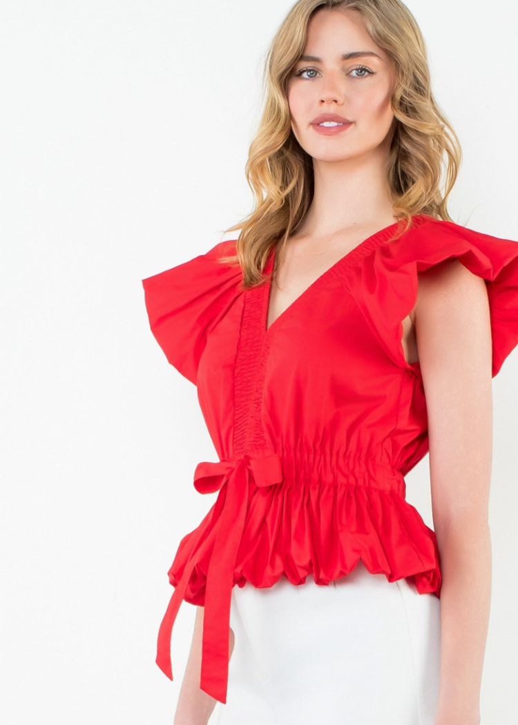 THML Claire V Neck Top- Red-Hand In Pocket