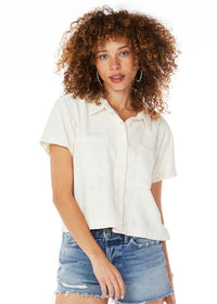 Bobi S/S Button Front Boxy Top- Macadamia-Hand In Pocket