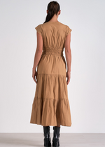 Elan Amelia Midi Cap Sleeve Dress- Taupe-Hand In Pocket