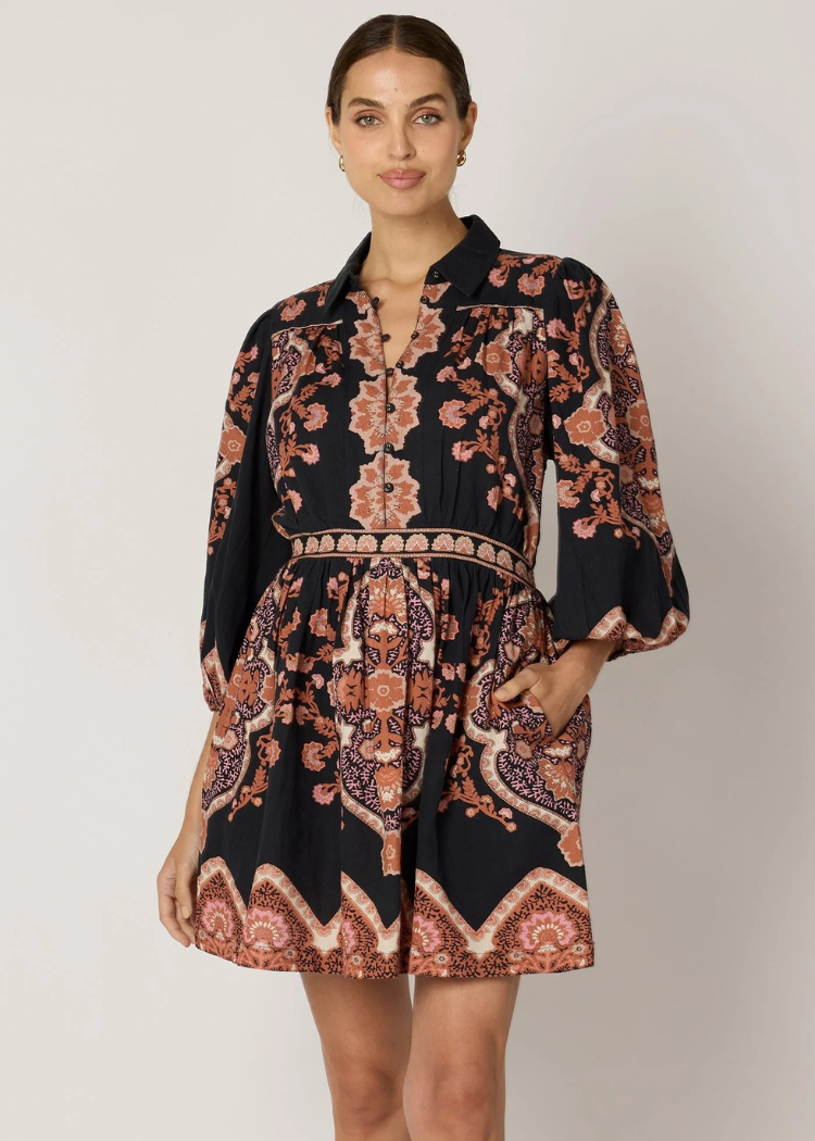 Cleobella Leigh Mini Dress- Dark Lagos Print-Hand In Pocket