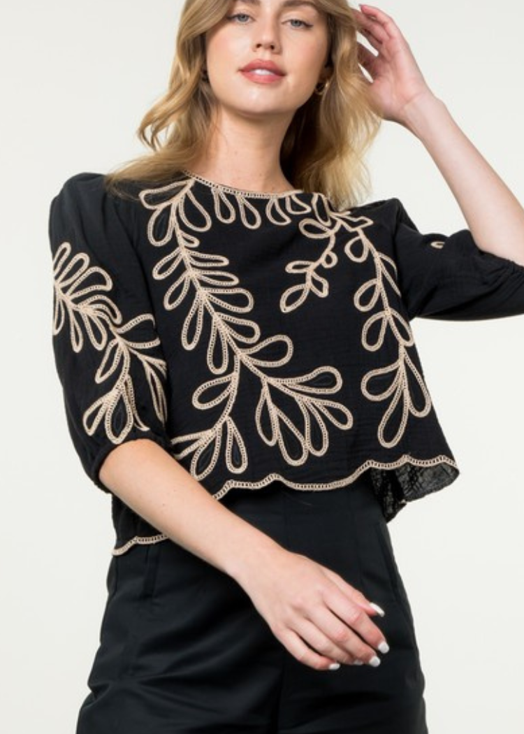 THML Anegada Embroidered Sleeve Top-Black-Hand In Pocket