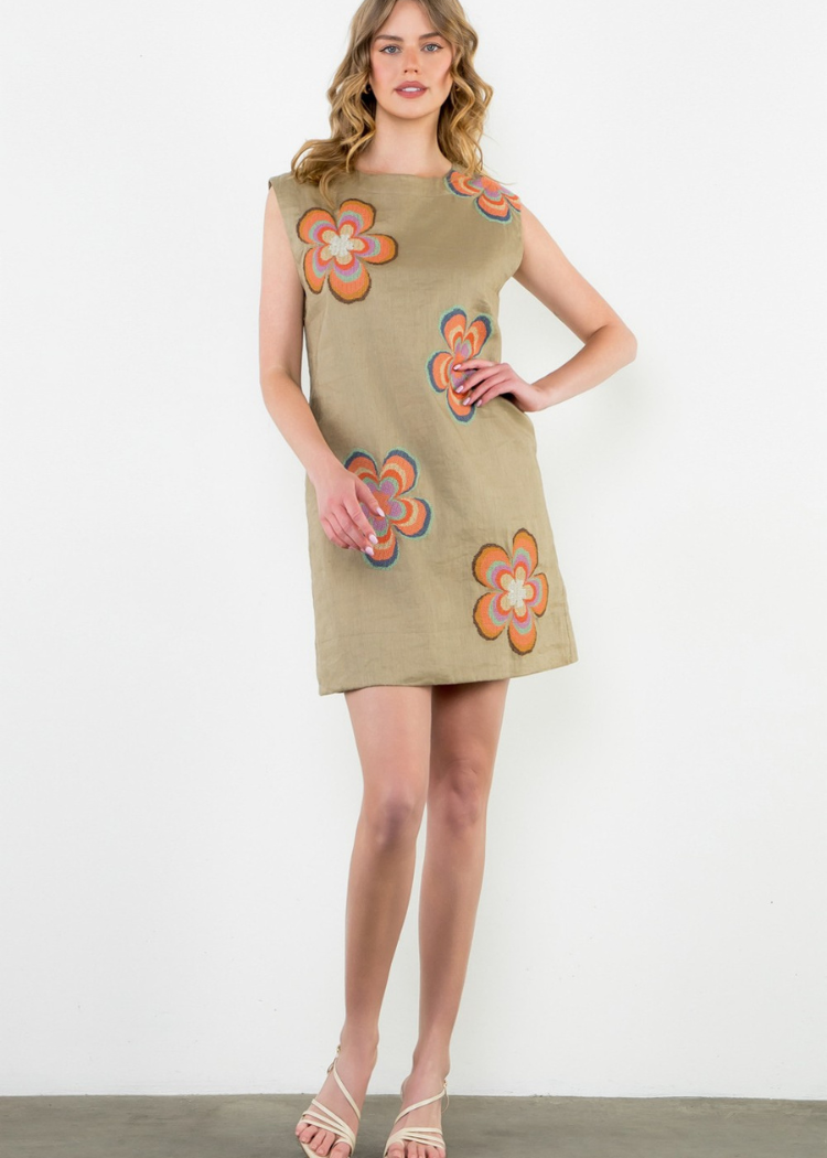 THML Havana Floral Embroidered Dress- Cream-Hand In Pocket