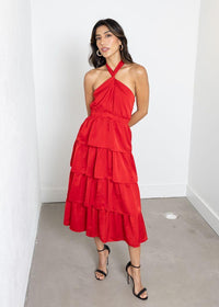 Adelyn Rae Eleanor Halter Tiered Midi Dress- Crimson Red ***FINAL SALE***-Hand In Pocket