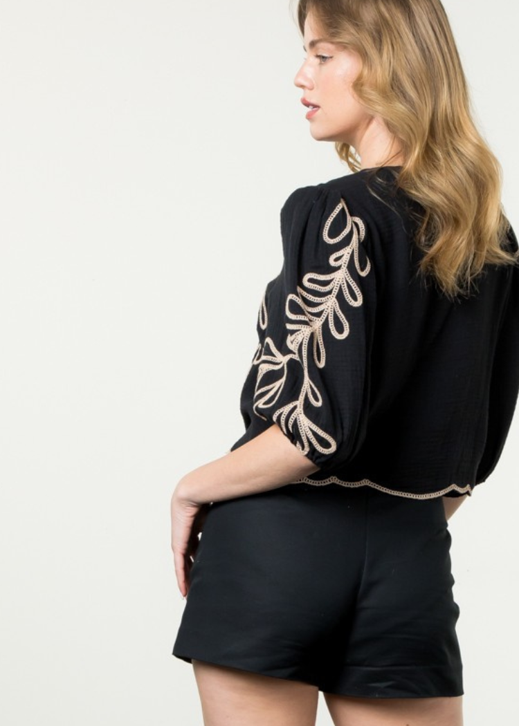 THML Anegada Embroidered Sleeve Top-Black-Hand In Pocket