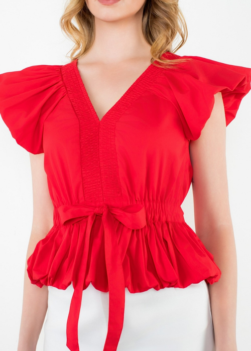 THML Claire V Neck Top- Red-Hand In Pocket