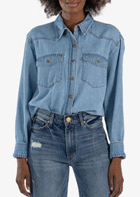 KUT Mika Button Down L/S Shirt - Medium Wash-Hand In Pocket