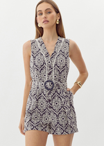 Adelyn Rae Katrina Embroidered Romper- Navy Cream-Hand In Pocket