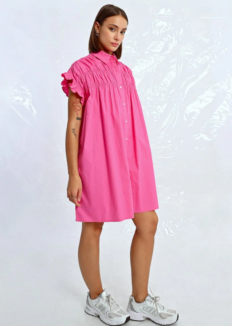 Molly Bracken Cynthia Gathered Shoulder Shirt Dress- Pink-Hand In Pocket