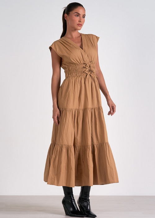 Elan Amelia Midi Cap Sleeve Dress- Taupe-Hand In Pocket