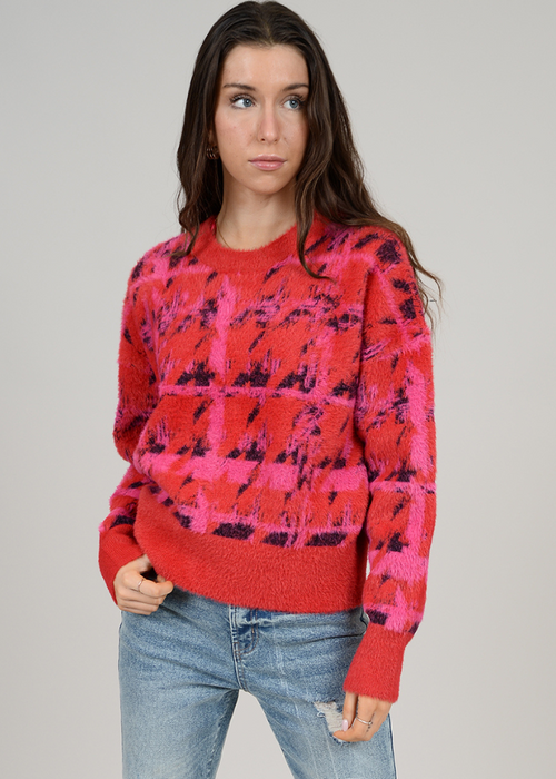 Ujila Long Sleeve Crew Neck Pullover - Red Pink-Hand In Pocket