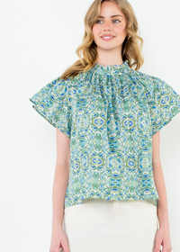 THML Dollie Flutter Sleeve Top- Blue-Hand In Pocket