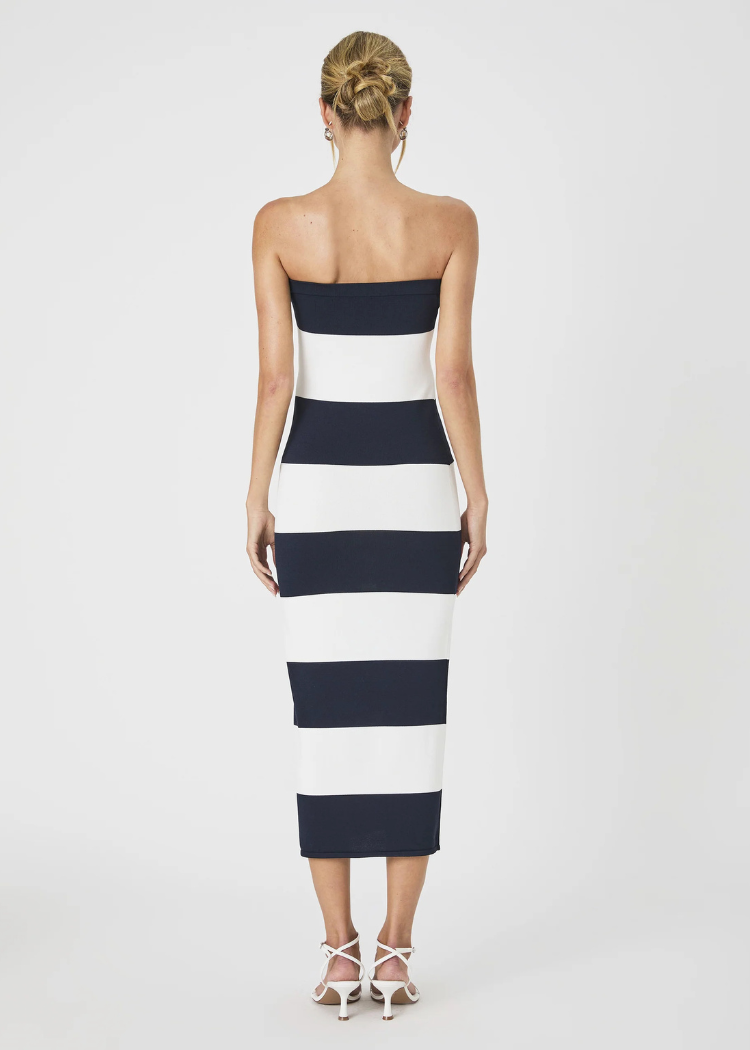 French Connection Knit Bodycon Midi Dress- White/ Marine-Hand In Pocket