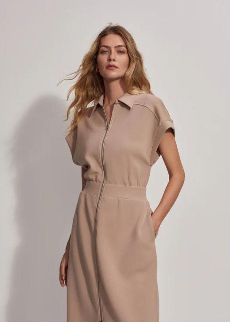 Varley Louisa Zip Through Dress- Light Taupe-Hand In Pocket