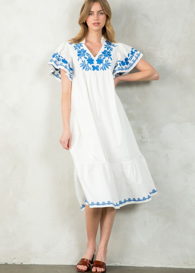 THML Juliana Embroidered Detail Dress- Cream Blue-Hand In Pocket