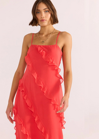 MINKPINK Venus Ruffle Maxi Dress- Lipstick Red-Hand In Pocket