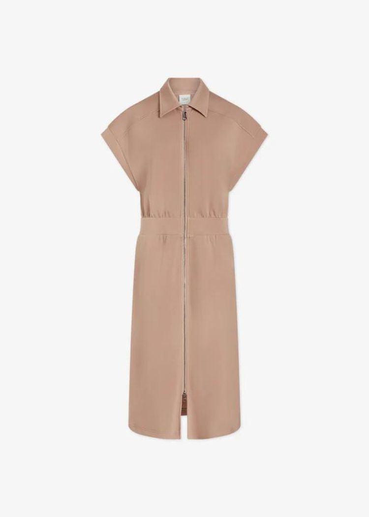 Varley Louisa Zip Through Dress- Light Taupe-Hand In Pocket