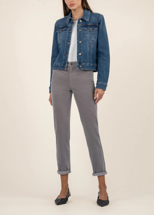 KUT Julia Crop Denim Jacket-Main w/DK Stone-Hand In Pocket