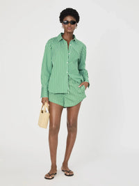 French Connection Alexis Cotton Drawstring Shorts- Green/ White-Hand In Pocket