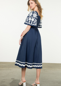 THML MiMi Embroidered Midi Dress- Navy-Hand In Pocket