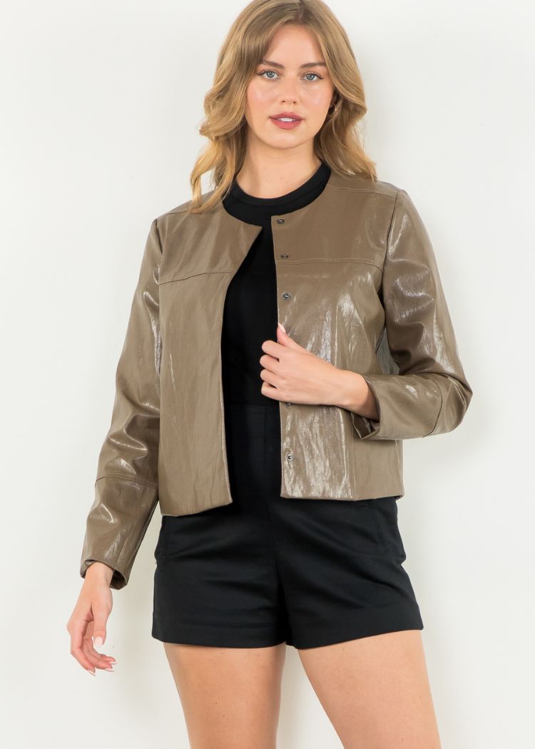 THML Max Faux Leather Jacket- Taupe-Hand In Pocket