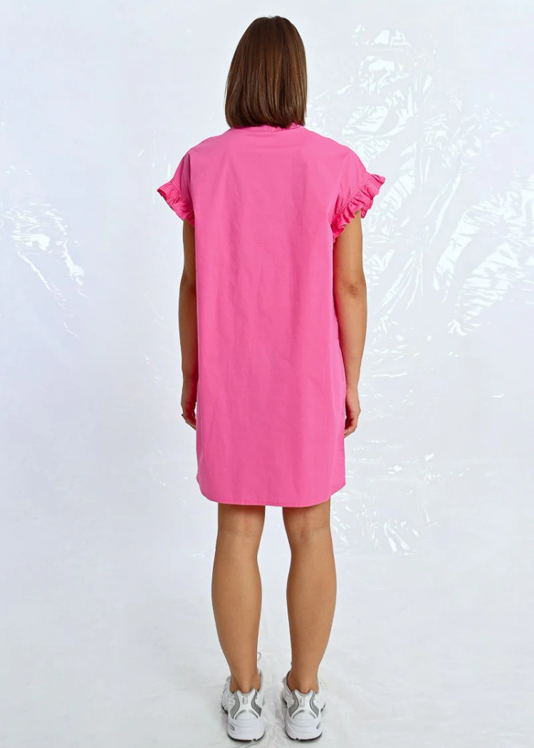 Molly Bracken Cynthia Gathered Shoulder Shirt Dress- Pink-Hand In Pocket