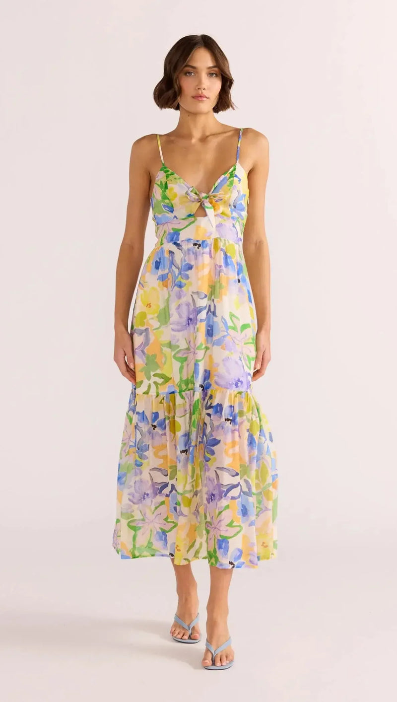 MINKPINK Fable Tie Midi Dress- Painterly Floral-Hand In Pocket