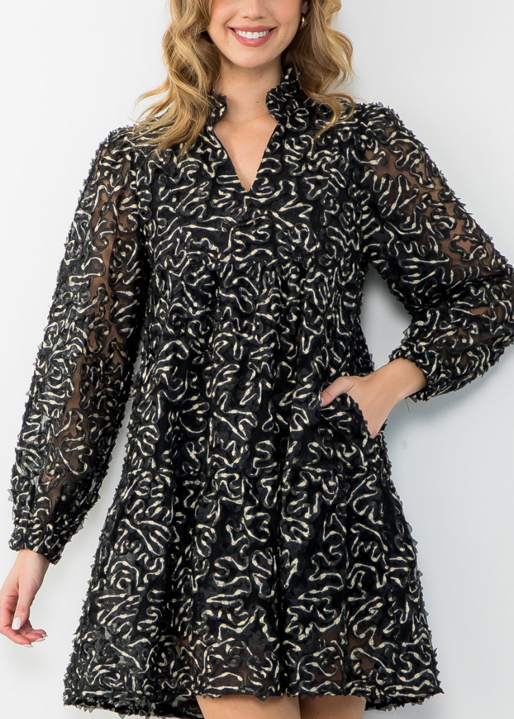 Evangeline Long Sleeve Textured Dress - Black-Hand In Pocket