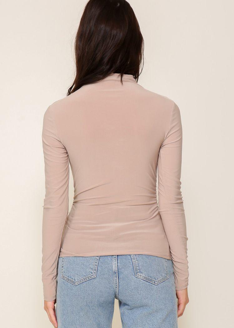 High Neck Knit Top with Side Ruched Detail- Tan-Hand In Pocket