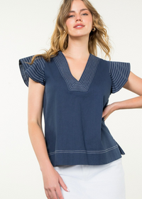 THML Kara V Neck Top- Navy-Hand In Pocket