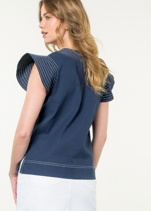 THML Kara V Neck Top- Navy-Hand In Pocket