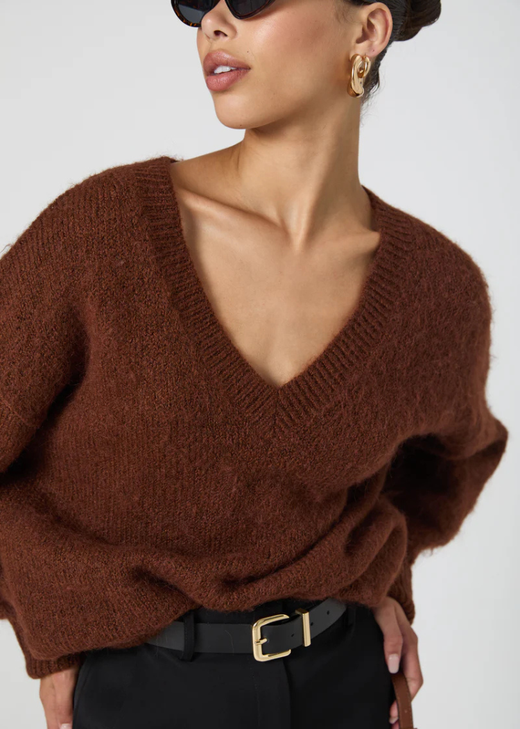 French Connection Fluffy Knit Jumper- Chocolate-Hand In Pocket