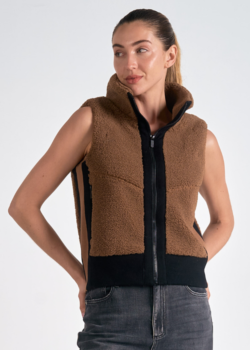 Elan Claire Zip Up Vest- Dark Tan-Hand In Pocket