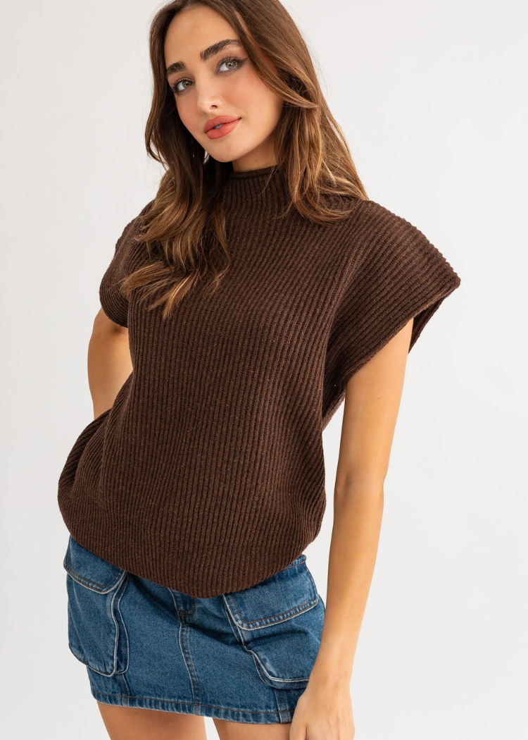 Layla Turtle Neck Sweater Vest-Brown-Hand In Pocket