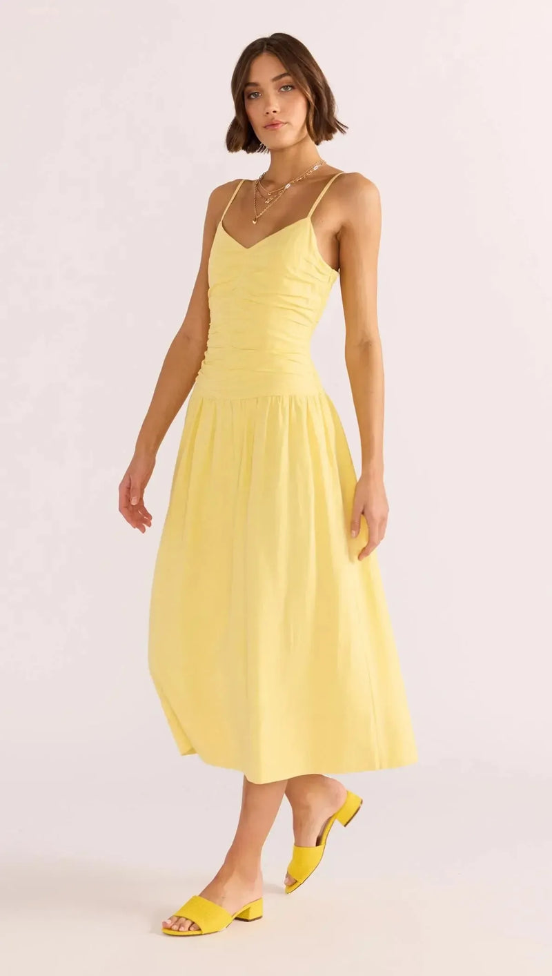 MINKPINK Ophelia Ruched Midi Dress- Lemon-Hand In Pocket