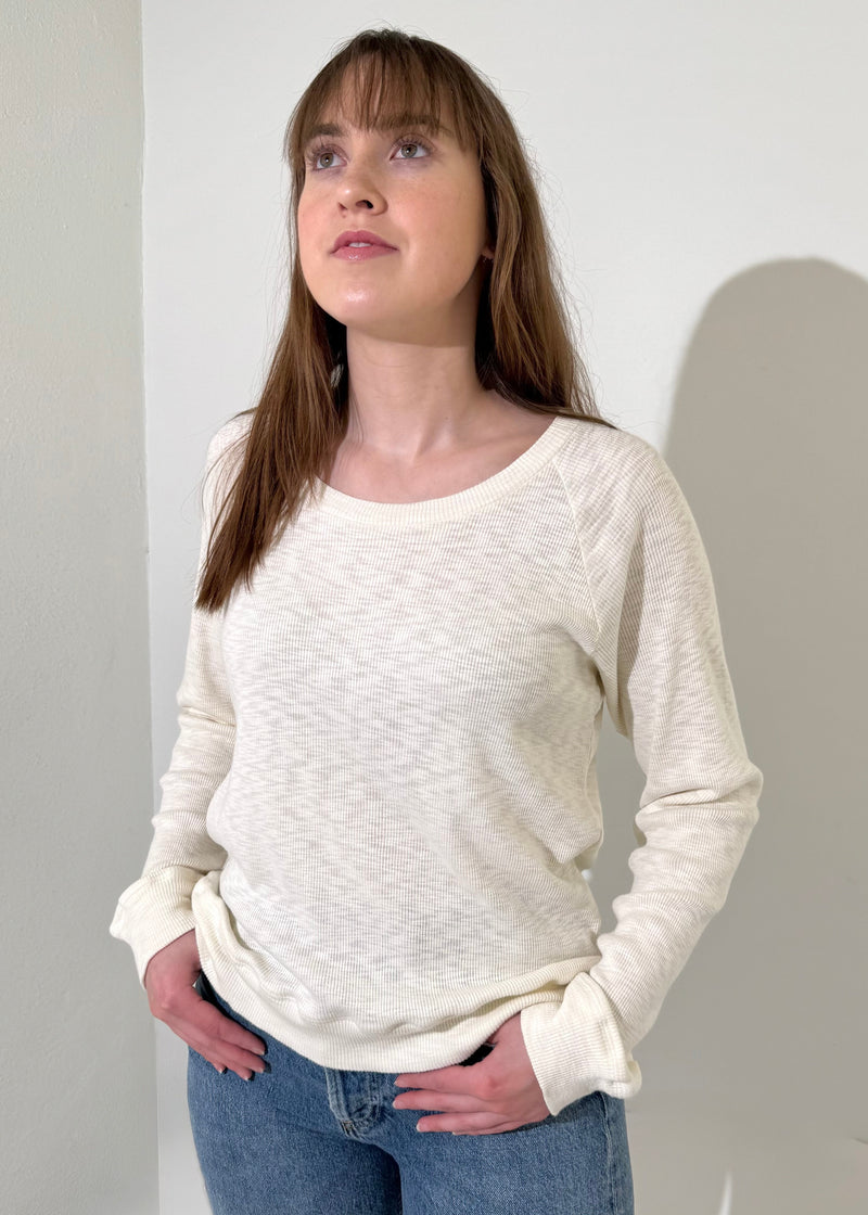 Bobi Boatneck Slouchy Raglan L/S Tee- Macadamia-Hand In Pocket