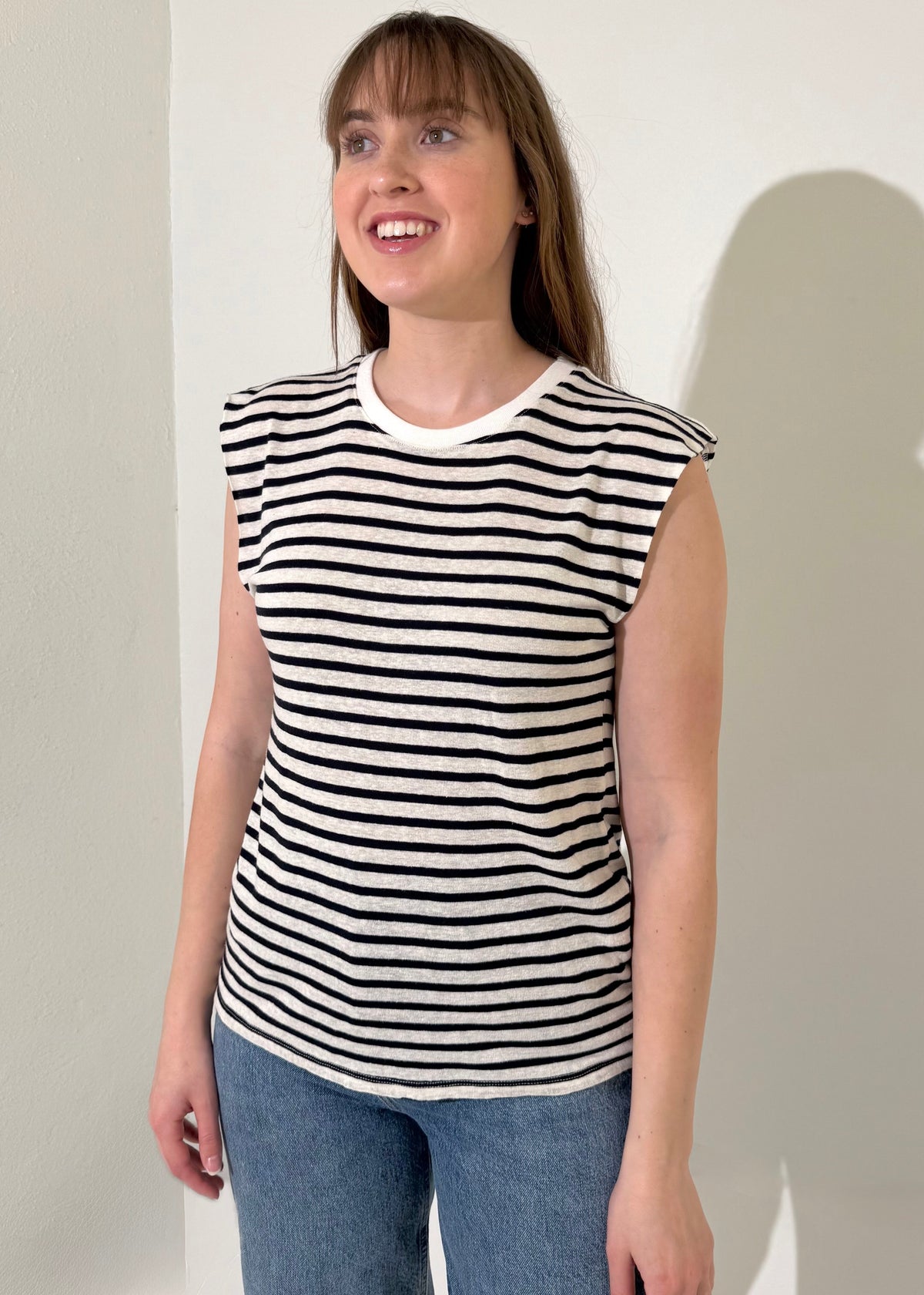 Bobi Sleeveless Crewneck Tee- Navy Stripe-Hand In Pocket