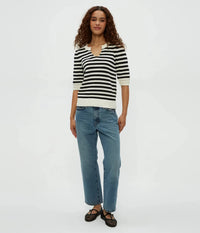 Michael Stars Rosanna Striped Puff Sleeve Sweater- Black-Hand In Pocket